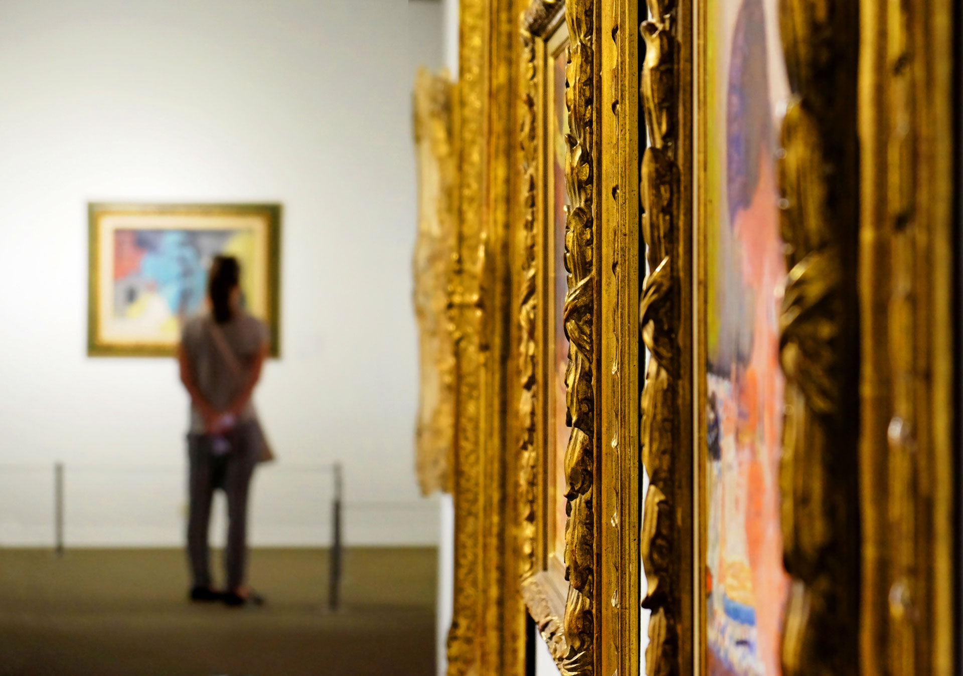 Ornate golden picture frames in an art gallery with a visitor viewing artwork in the background